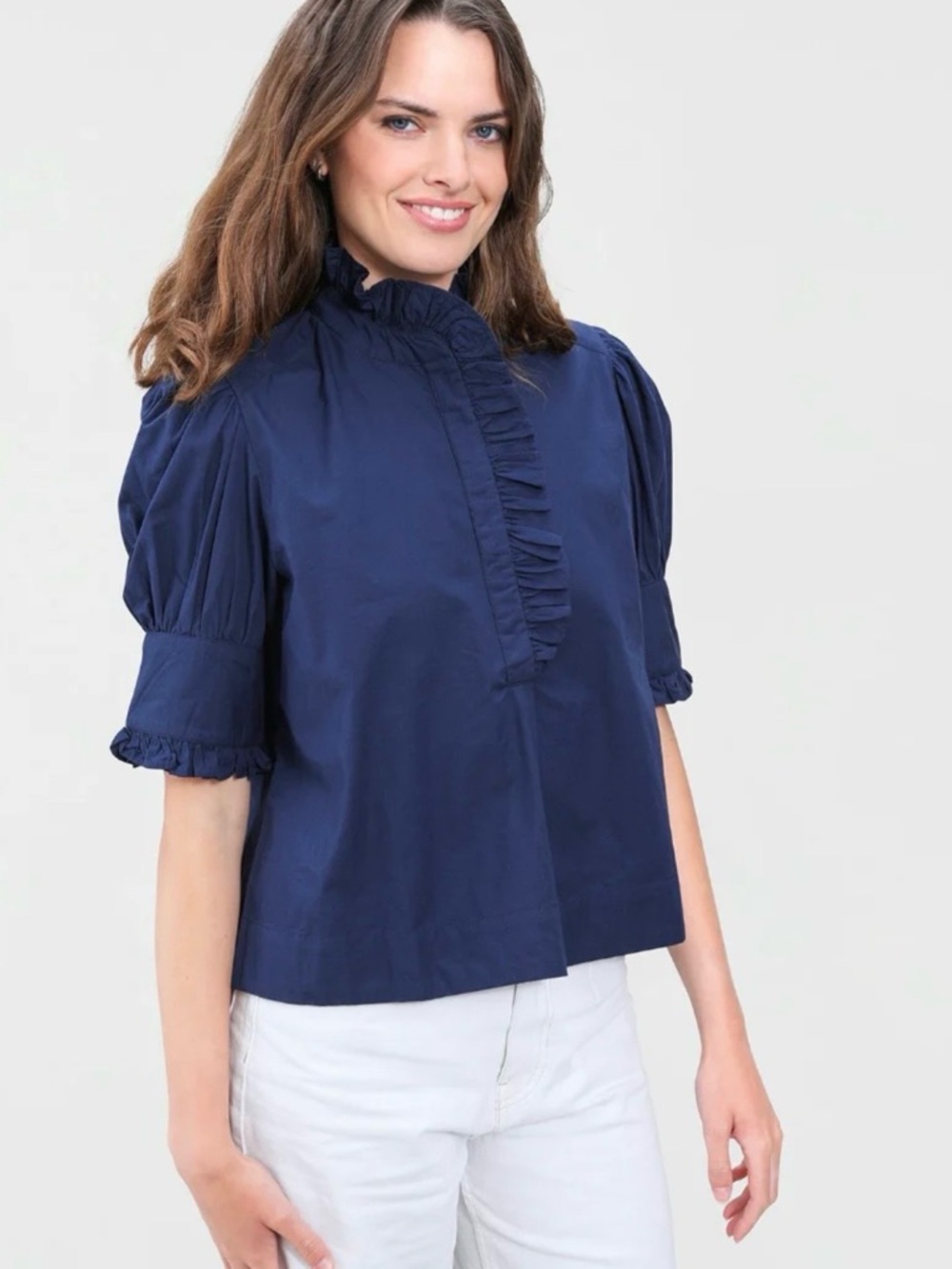 Only wear twice Ruffled High-Neck Navy Puff Sleeve Blouse - Women
